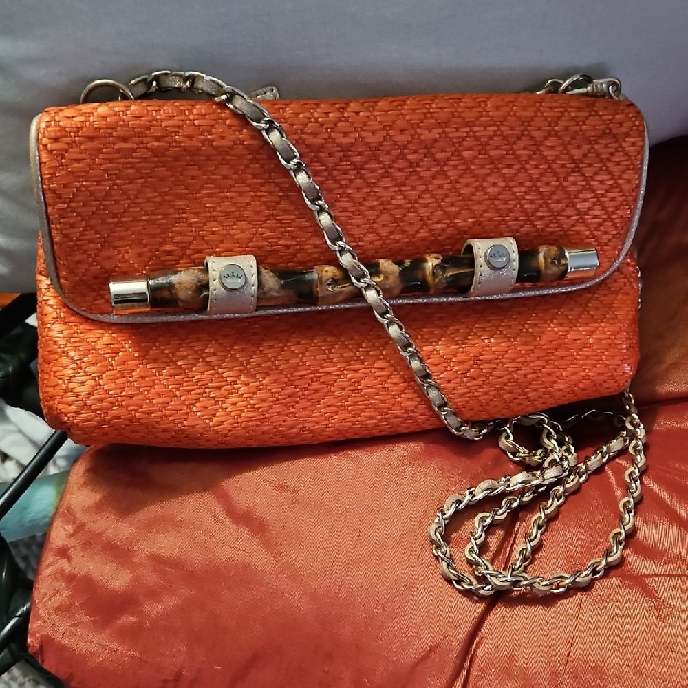 Elaine Turner Bamboo Detail Purse Chain Strap Metallic Gold Details.